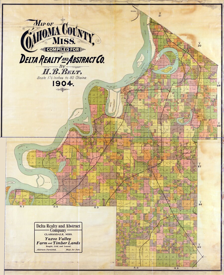 1904 Farm Line Map of Coahoma County Mississippi Clarksdale