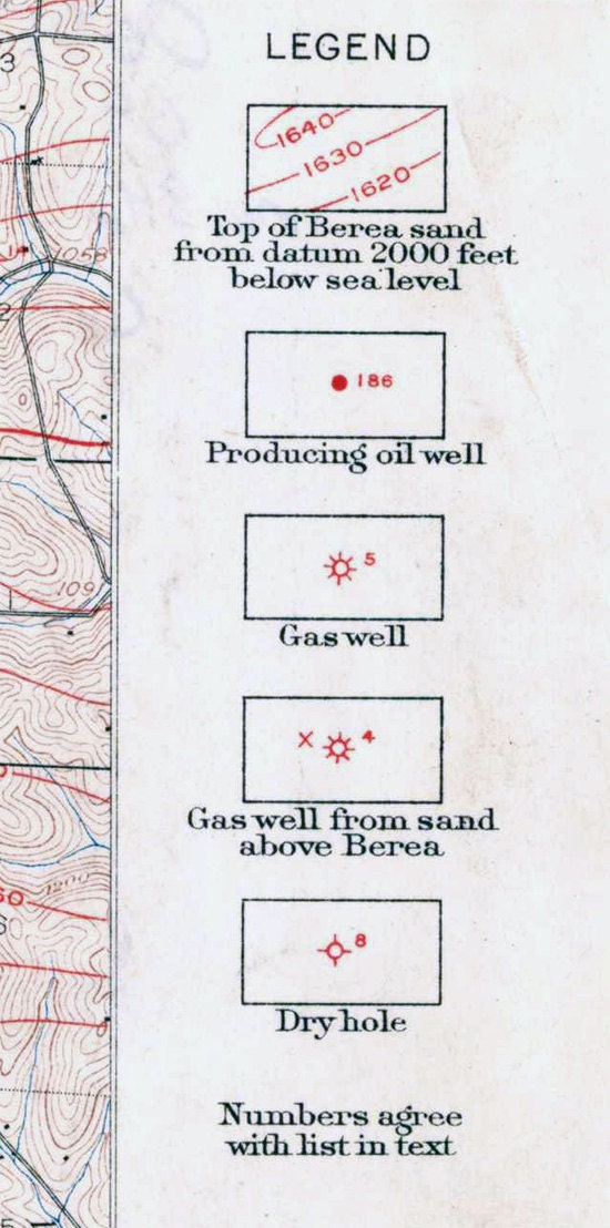 1907 Oil and Gas Map of Flushing Quadrangle Belmont County Ohio