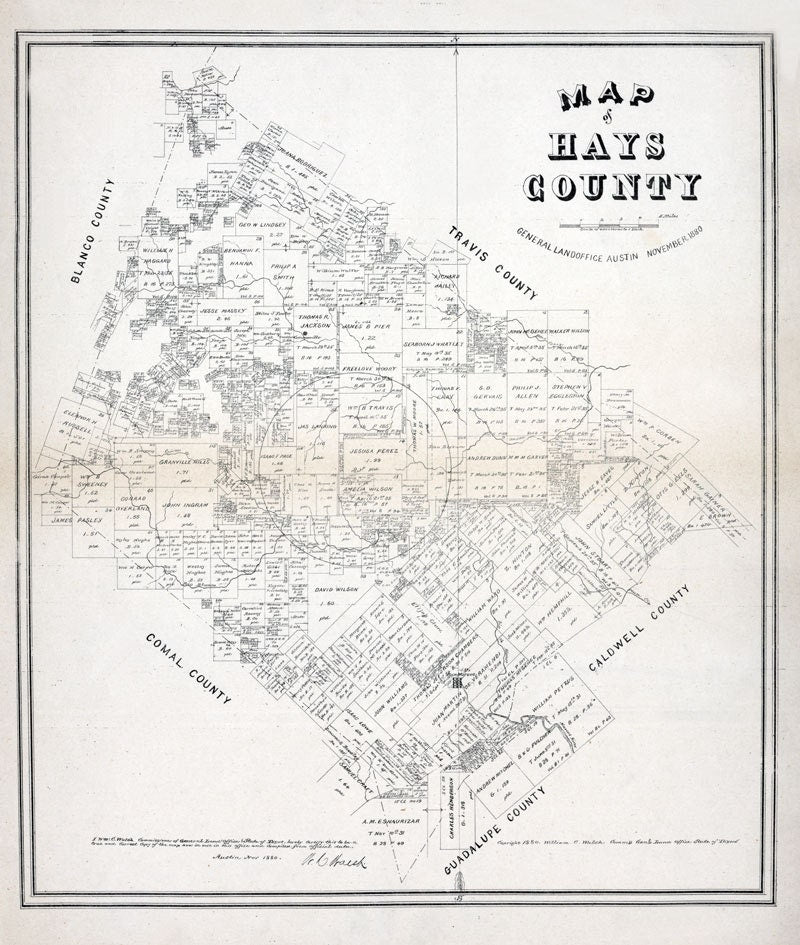 1880 Farm Line Map of Hays County Texas