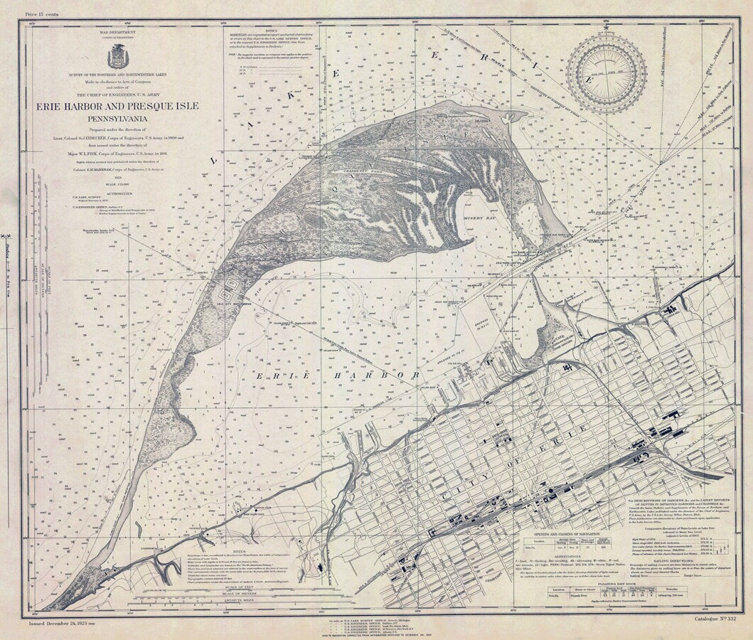 1923 Nautical Map of Erie Harbor and Presque Isle Lake Erie PA