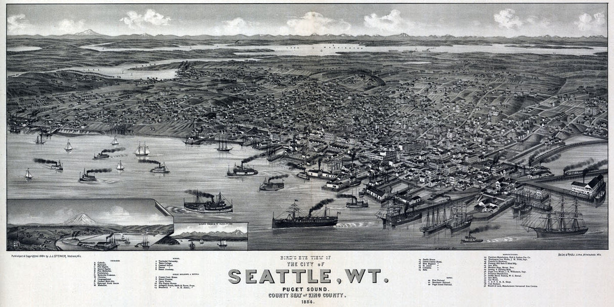 1884 Aerial Panoramic Map of Seattle Washington