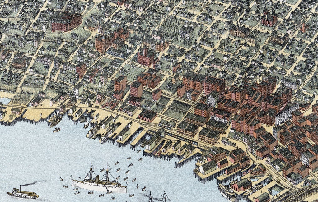 1891 Aerial Panoramic Map of Seattle King County Washington