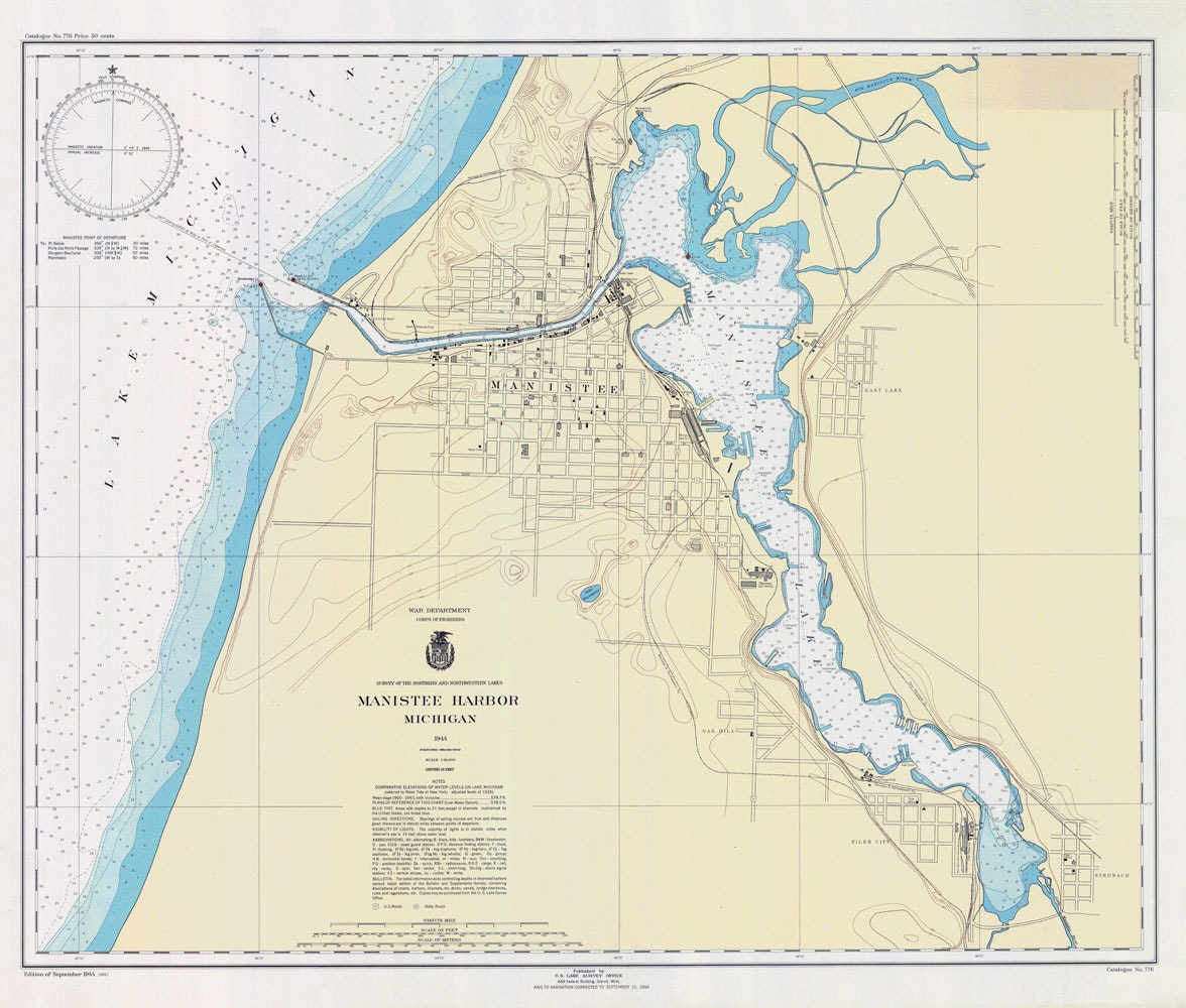 1944 Nautical Map of Manistee Harbor Manistee County Michigan