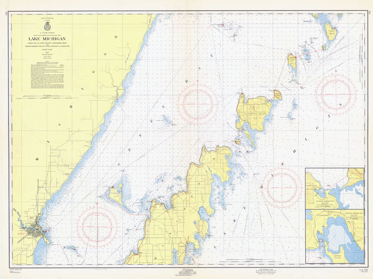 1957 Nautical Map of Green Bay Point Detour to Baileys Harbor Door County Wisconsin