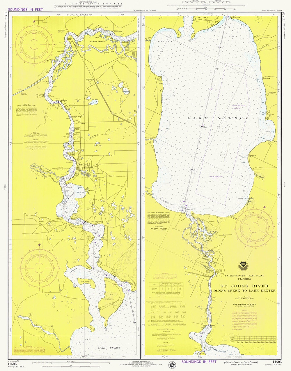 1974 Map of St Johns River to Lake George Florida