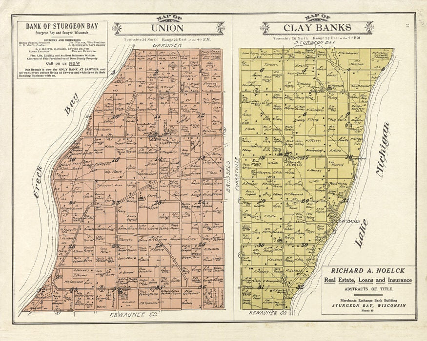 1914 Map of Union & Clay Banks Township Door County Wisconsin