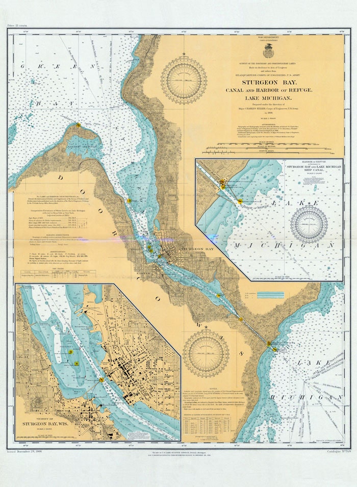1908 Nautical Map of Sturgeon Bay Lake Michigan