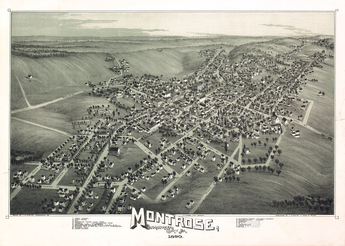 1890 Panoramic Map of Montrose Susquehanna County Pa