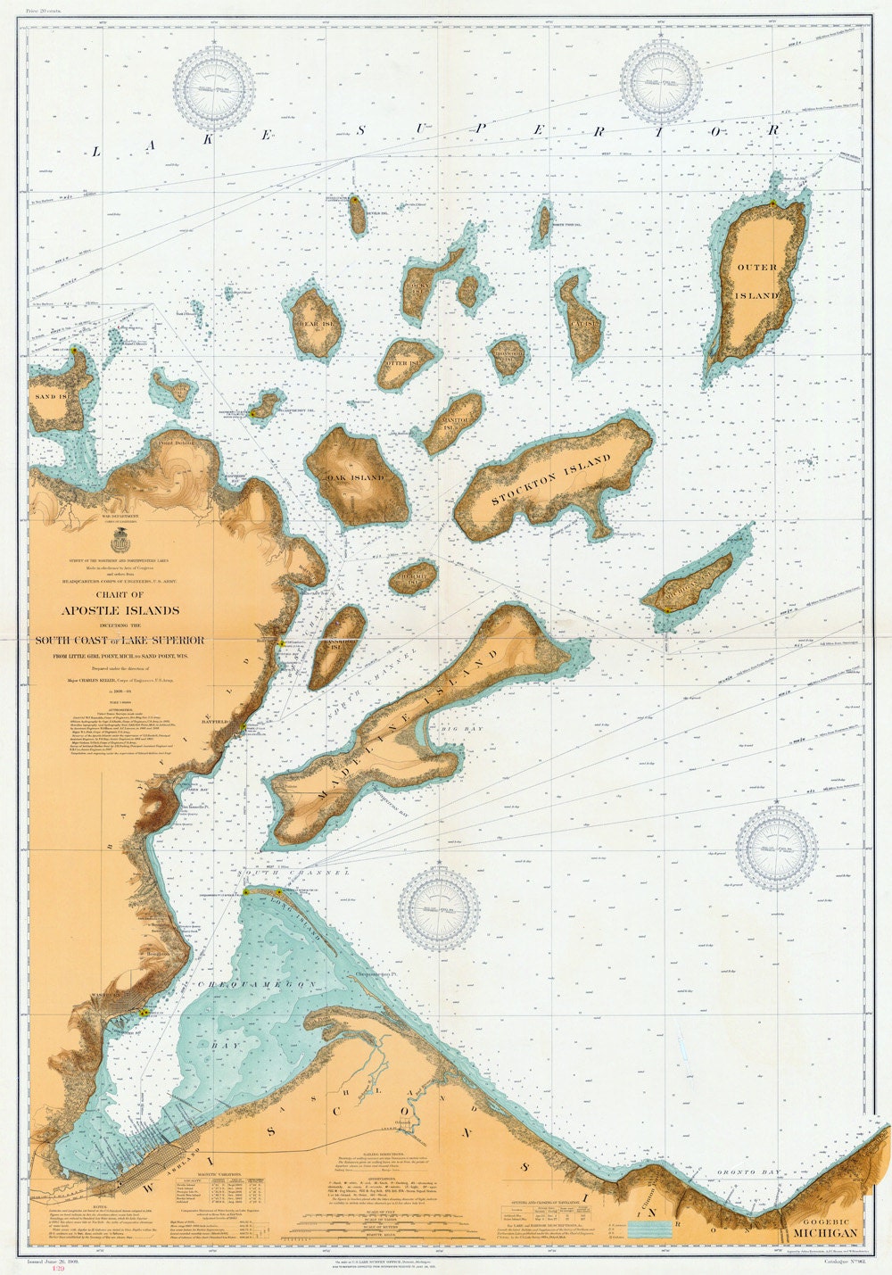 1909 Nautical Map of Apostle Islands Lake Superior