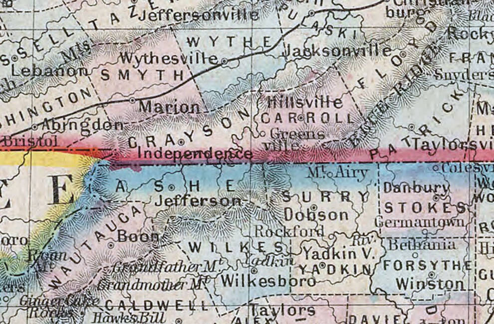 1860 County Map of Virginia and North Carolina