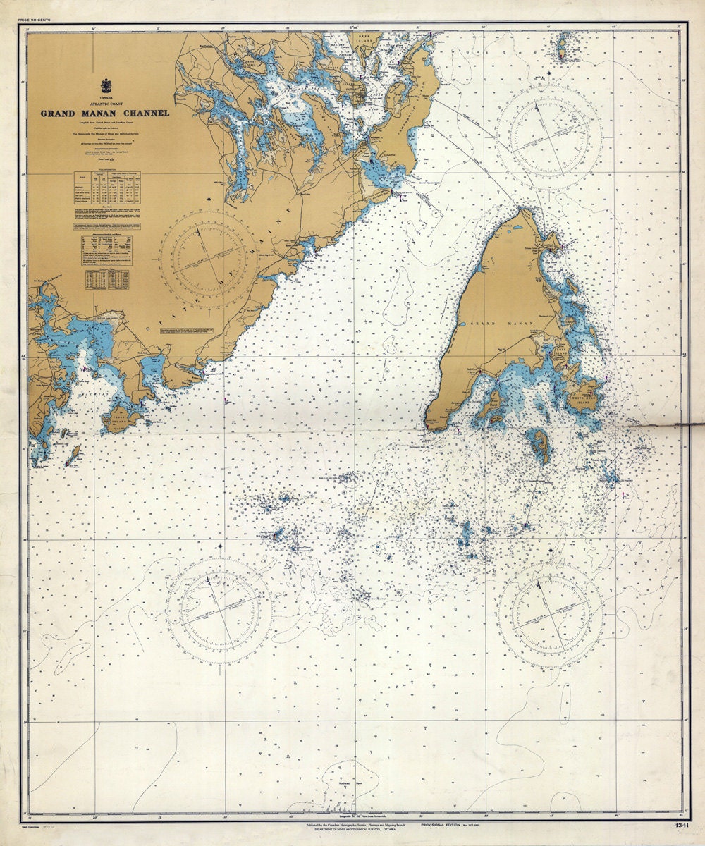 1950 Nautical Map of Grand Manan Channel Maine