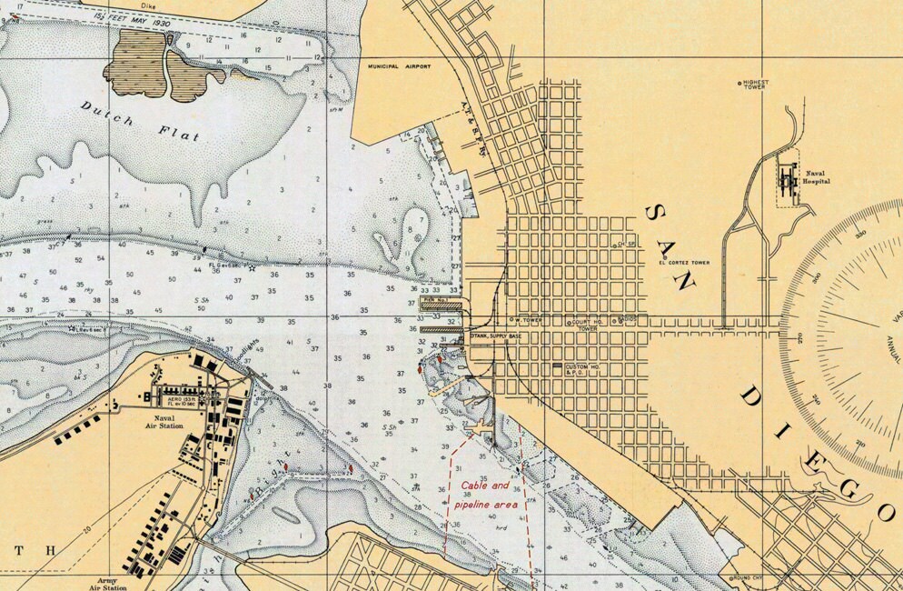 1933 Nautical Map of San Diego Bay California