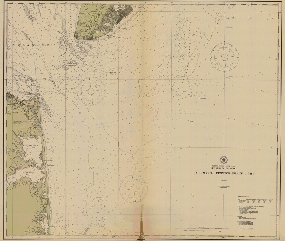 1912 Nautical Map of Capemay to Fenwick Island Light Delaware