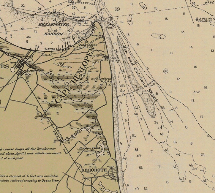 1912 Nautical Map of Capemay to Fenwick Island Light Delaware