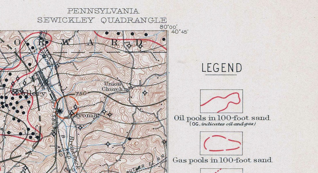 1910 Oil & Gas Well Map of the Sewickley Quad Allegheny County Pennsylvania