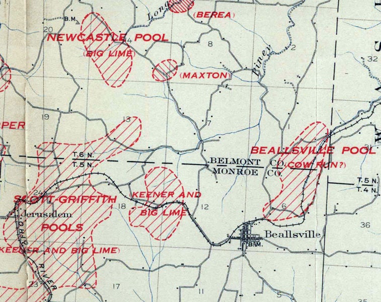 1914 Oil & Gas Field Map of Woodsfield Quadrangle Belmont Monroe Noble Counties