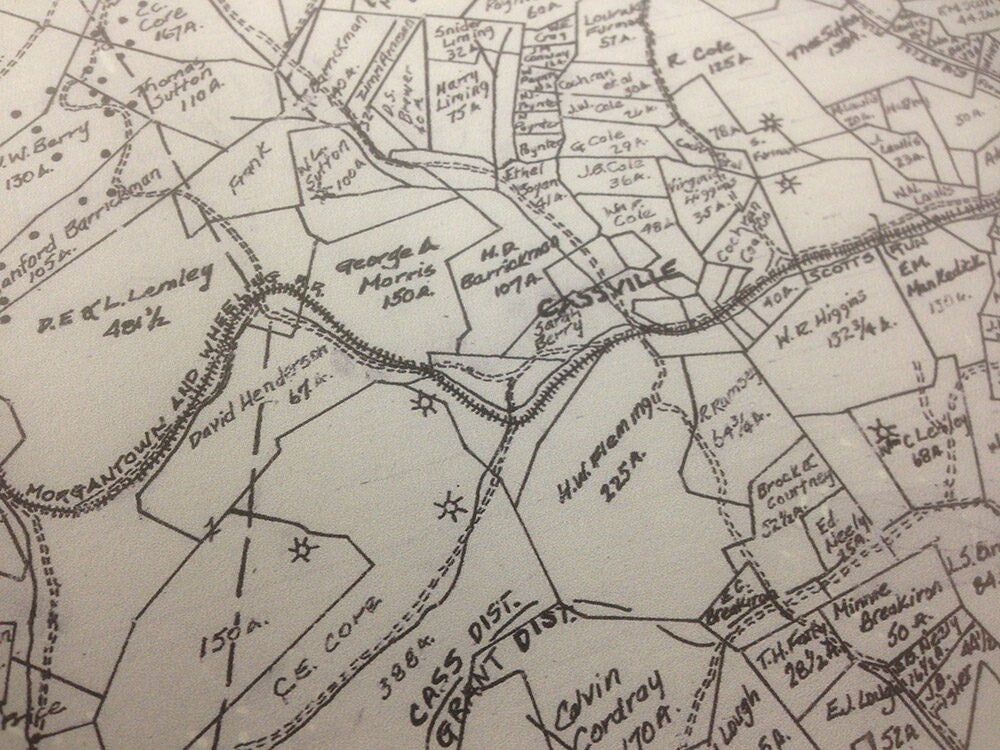 Early 1900s Monongalia County WV Farm Line Map Showing Oil and Gas Well Locations