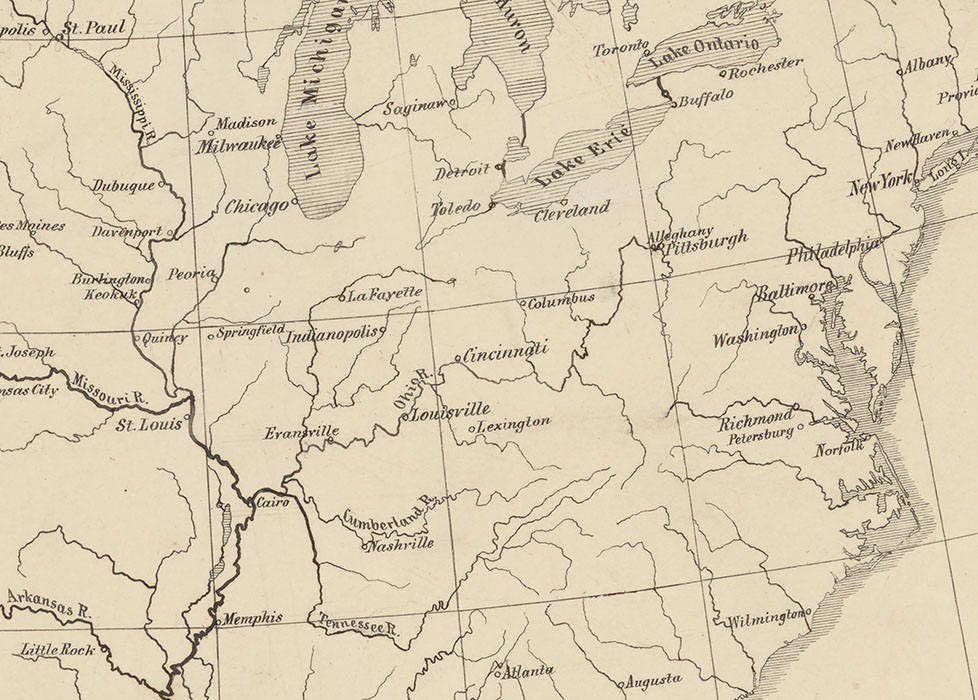 1860 Map of North America Showing the Pacific Railroads
