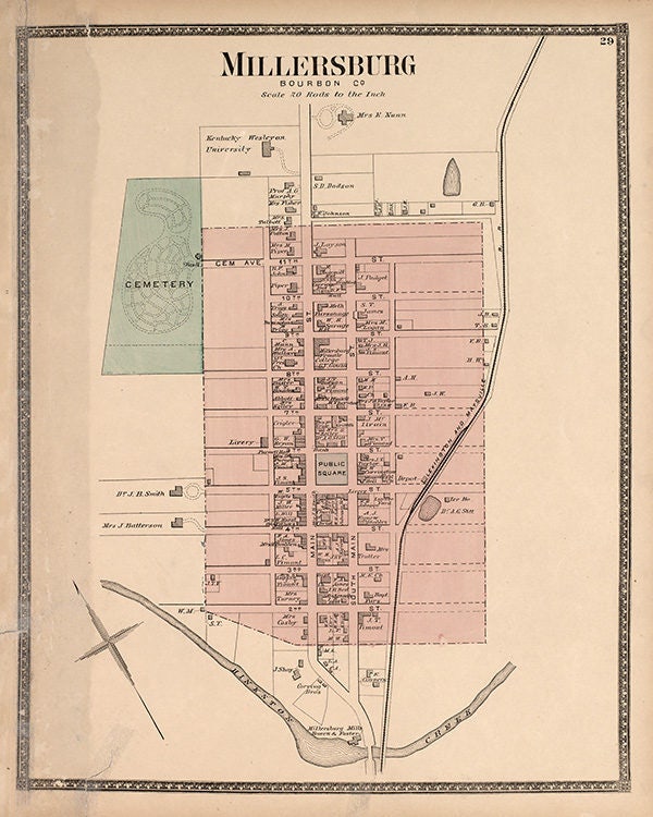 1877 Map of Millersburg Bourbon County Kentucky