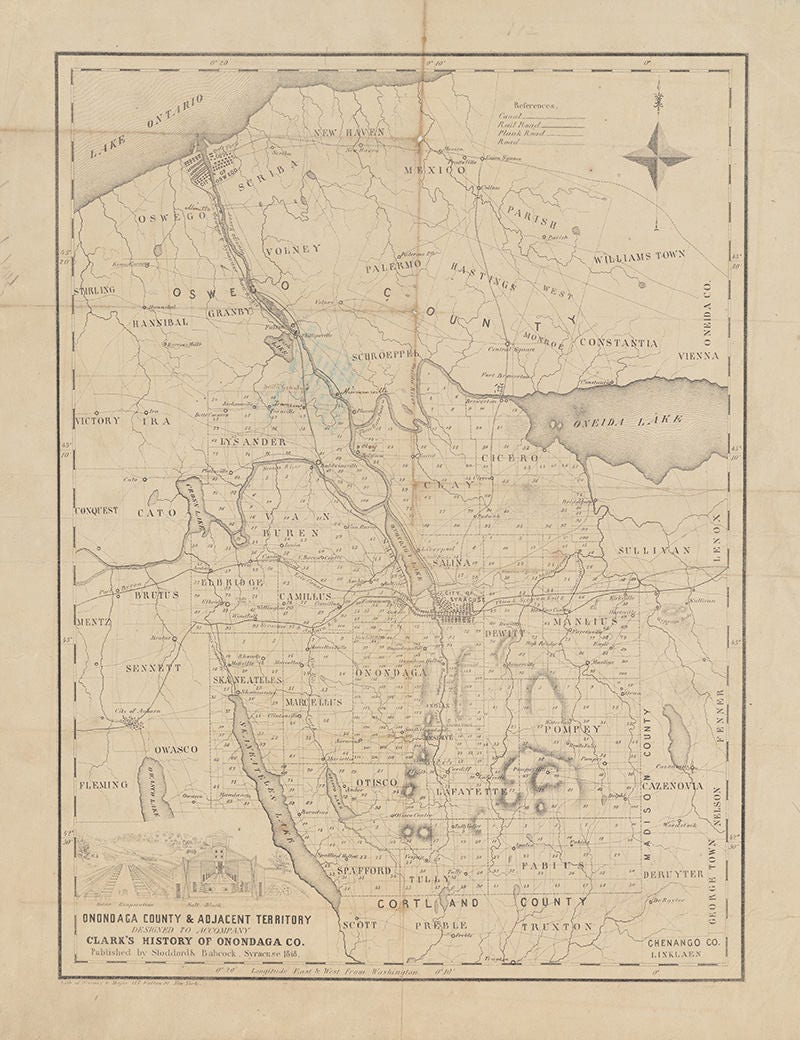 1848 Map of Onondaga County & Adjacent Area New York