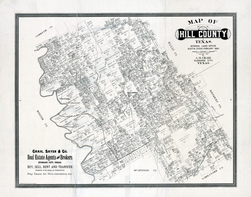 1886 Farm Line Map of Hill County Texas