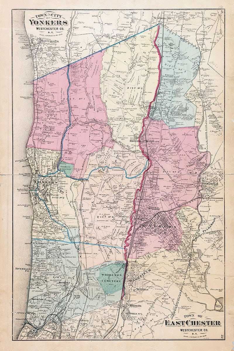 1872 Map of the Town and City of Yonkers & East Chester Westchester County New York