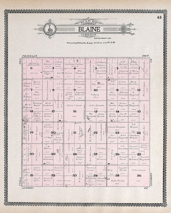 1909 Map of Blaine Township Jerauld County South Dakota