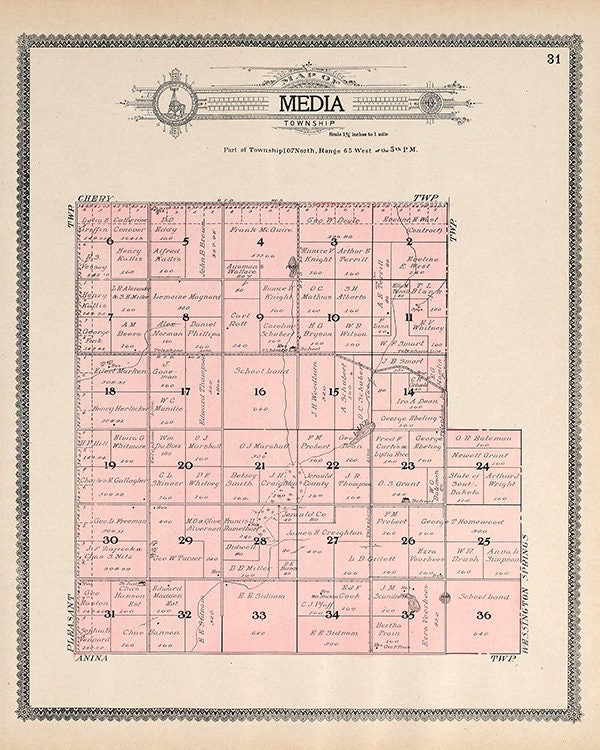 1909 Map of Media Township Jerauld County South Dakota