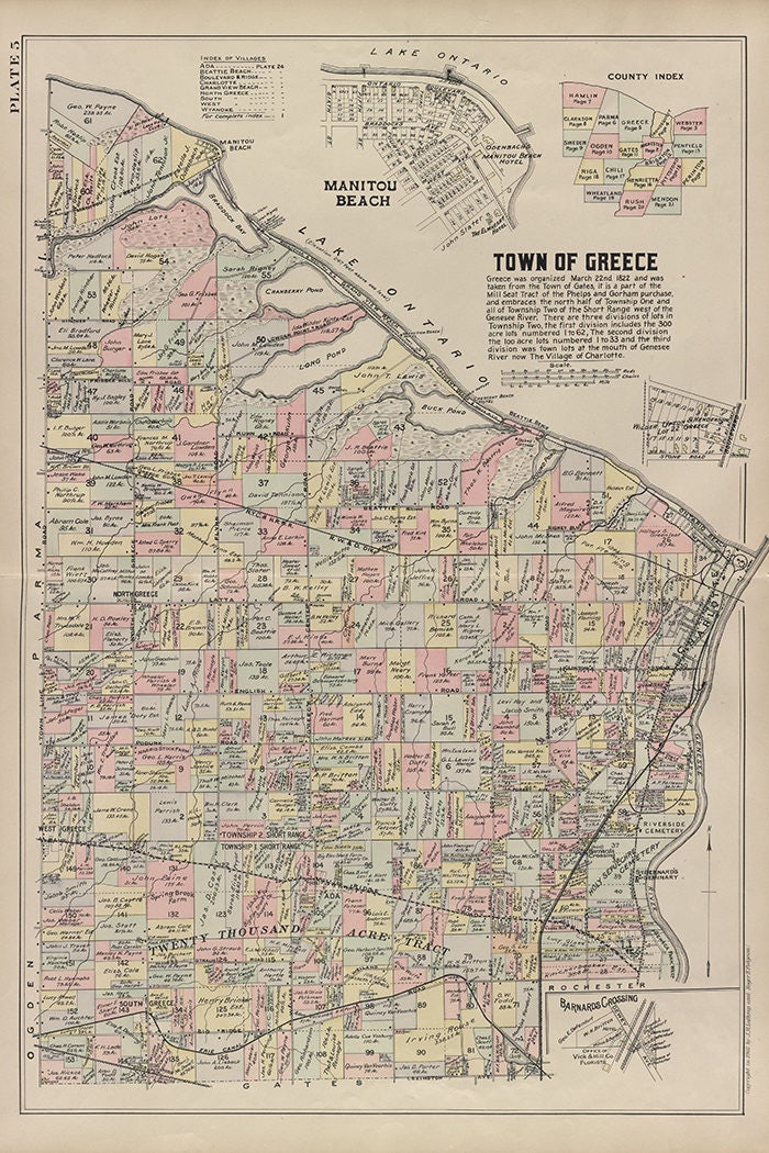 1902 Map of Greece and Manitou Beach Monroe County New York