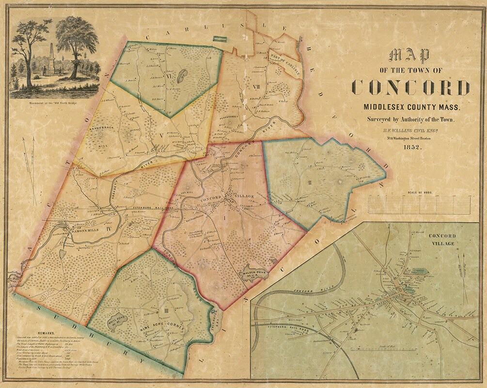 1852 Map of Concord Middlesex County Massachusetts