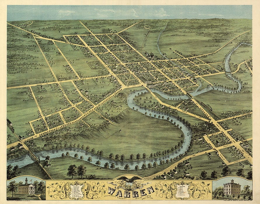 1870 Panoramic Map of Warren Trumbull County Ohio