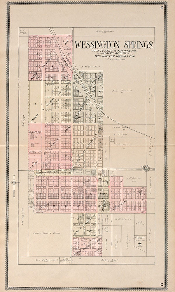 1909 Map of Wessington Springs Jerauld County South Dakota