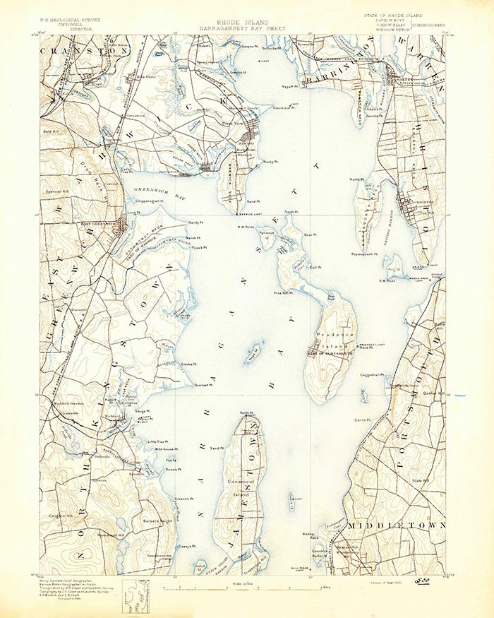 1890 Topo Map of Narragansett Bay Rhode Island