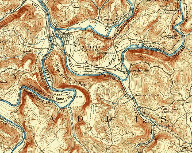 1922 Topo Map of Confluence Pa Quadrangle