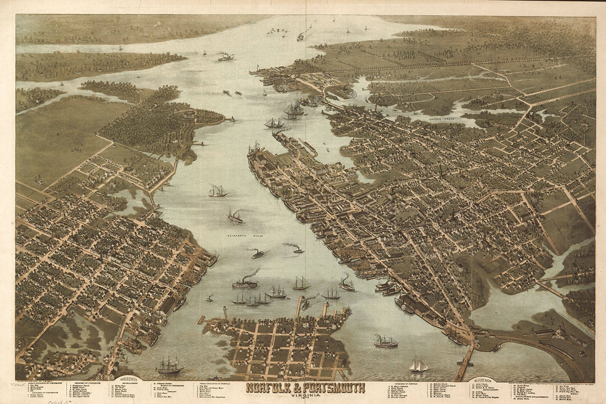 1873 Panoramic Map of Norfolk & Portsmouth Virginia