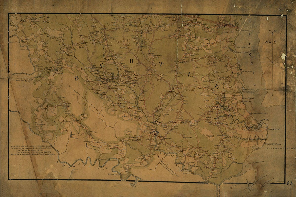 1863 Map of Bertie Hertford and Northampton County NC