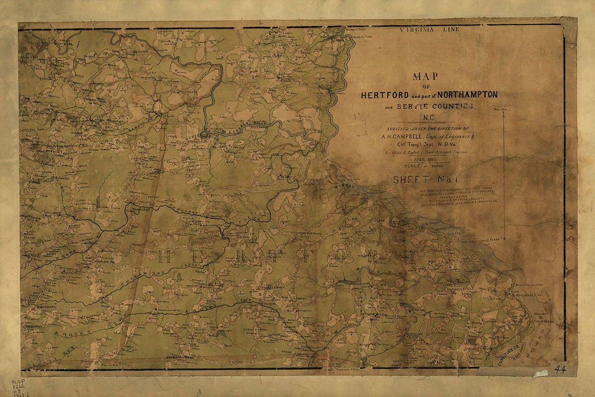 1863 Map of Bertie Hertford and Northampton County NC