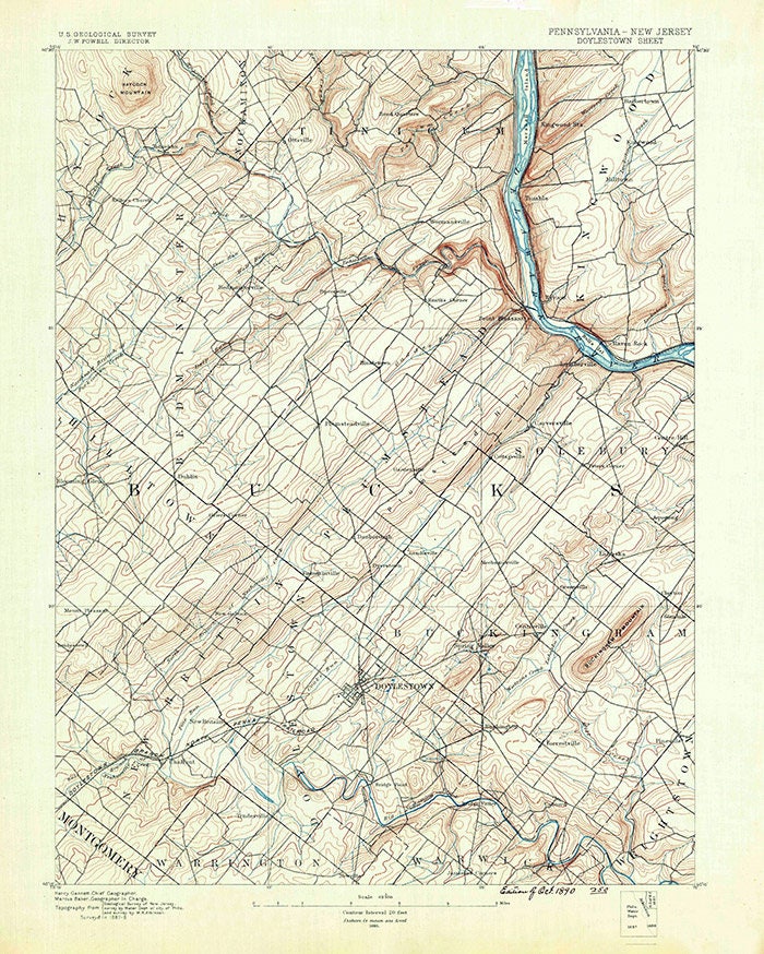 1890 Topo Map of Doylestown PA Quadrangle Bucks County