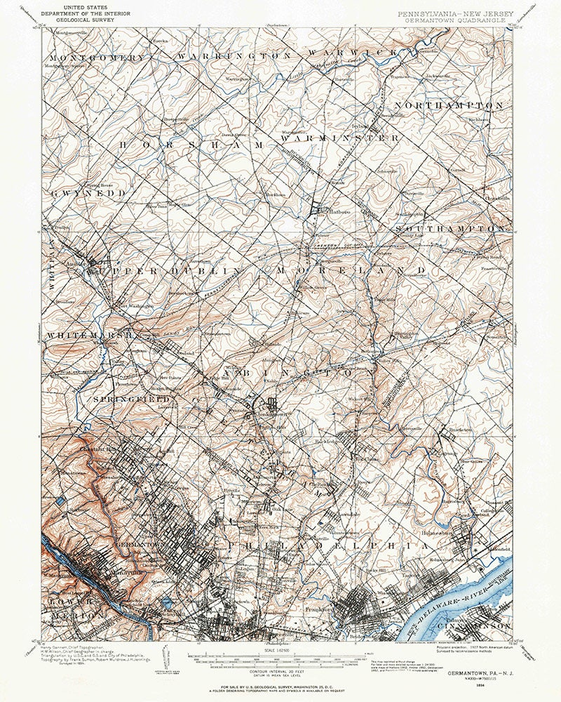 1894 Topo Map of Germantown PA Quadrangle Bucks County