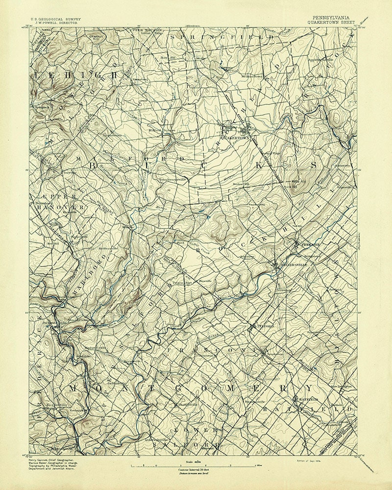 1894 Topo Map of Quakertown PA Quadrangle Bucks County