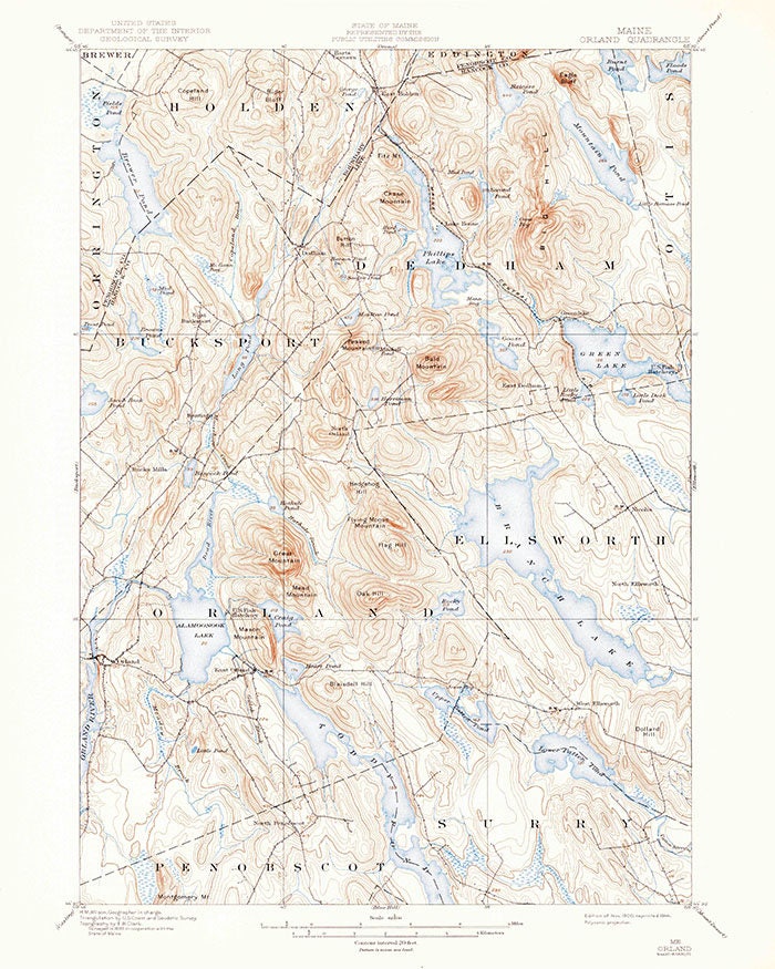 1900 Topo Map of Orland Maine Ellsworth & Branch Lake