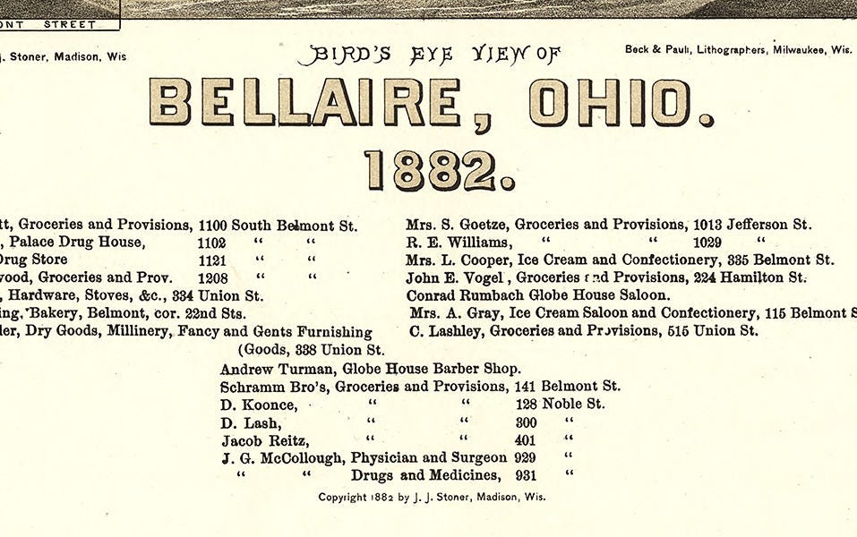 1882 Panoramic Map of Bellaire Ohio