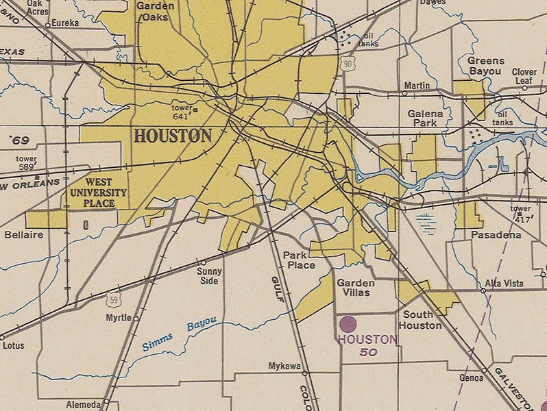 1950 Map of Galveston & Houston Texas