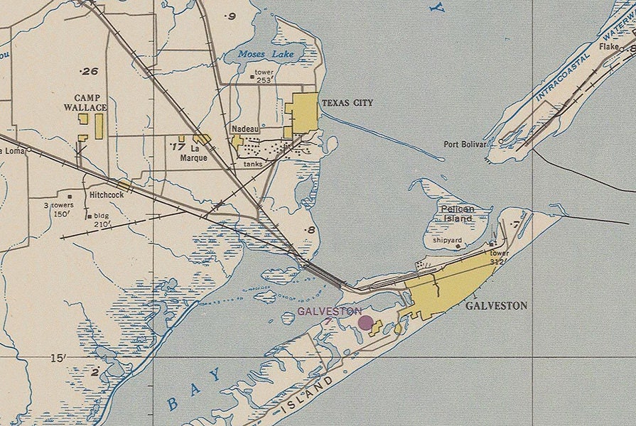 1950 Map of Galveston & Houston Texas