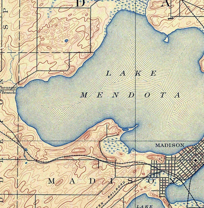 1890 Topo Map of Madison Wisconsin Quadrangle Lake Mendota Monona