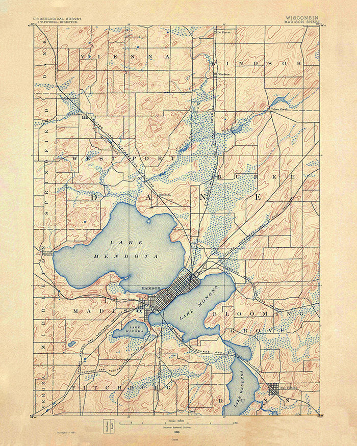 1890 Topo Map of Madison Wisconsin Quadrangle Lake Mendota Monona