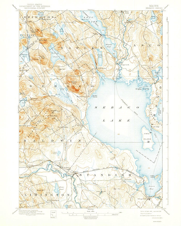 1896 Topo Map of Sebago Lake Maine