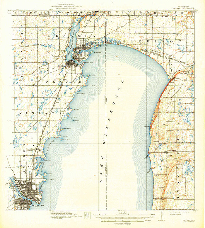1911 Topo Map of Neenah Wisconsin Quadrangle Showing Fond du Lac
