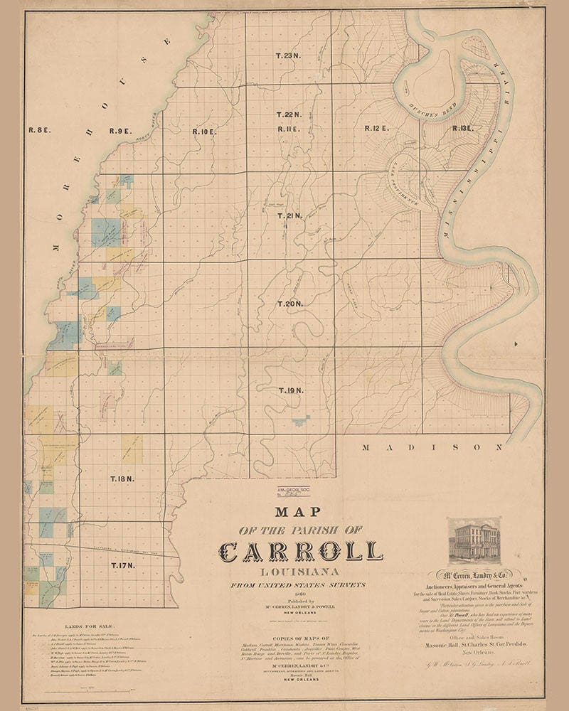 1860 Map of the Parish of Carroll Louisiana