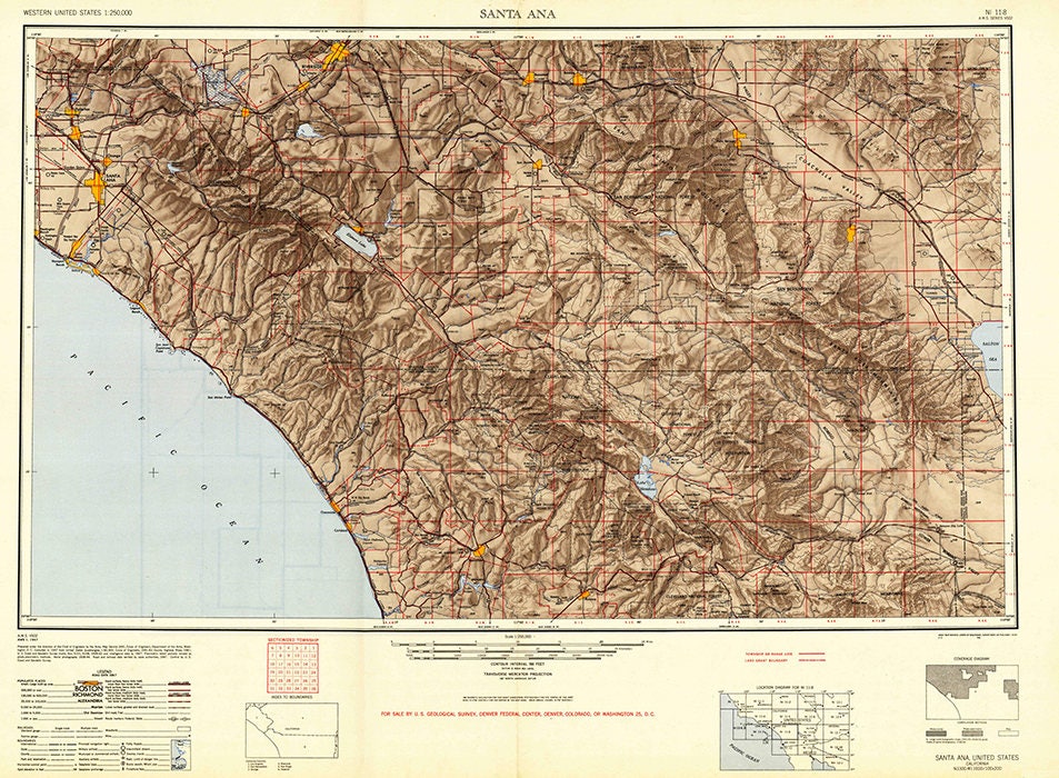 1949 Topo Map of Santa Ana California Quadrangle